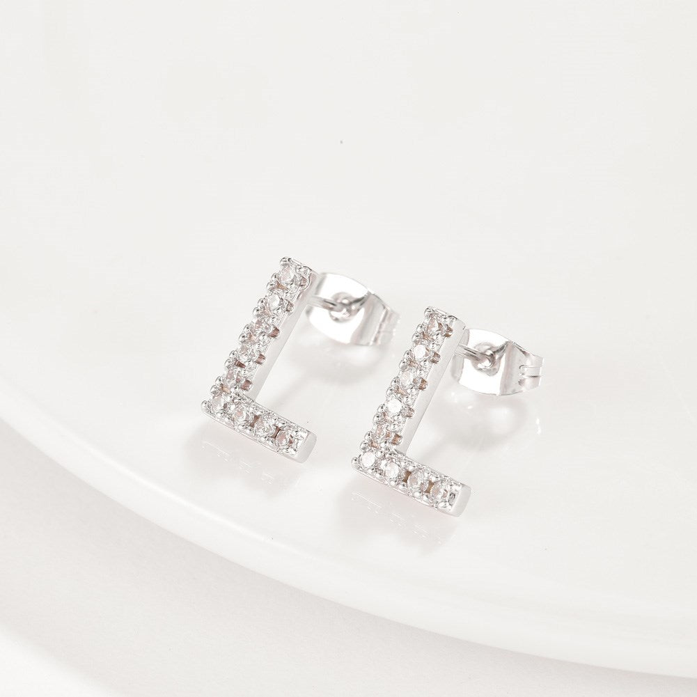 Swarovski Crystals Pave Letter Stud Monogram Initial Earrings in 18K White Gold Plating