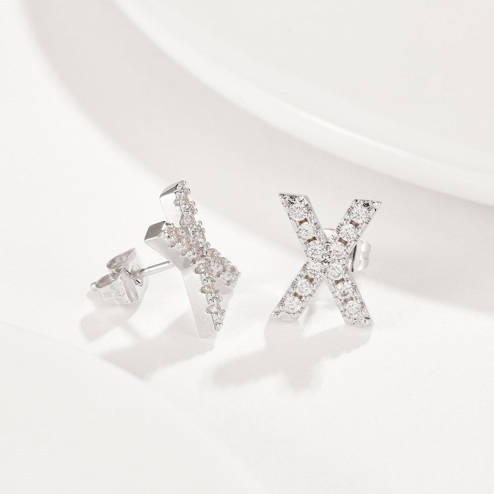 Swarovski Crystals Pave Letter Stud Monogram Initial Earrings in 18K White Gold Plating