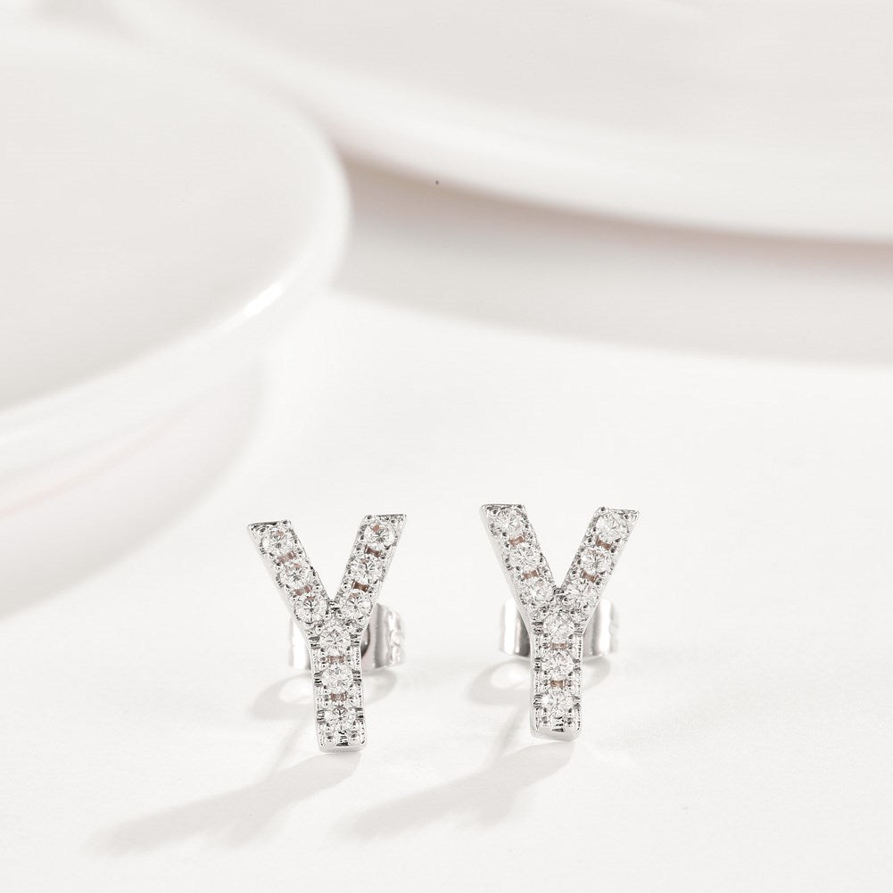 Swarovski Crystals Pave Letter Stud Monogram Initial Earrings in 18K White Gold Plating