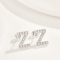 Swarovski Crystals Pave Letter Stud Monogram Initial Earrings in 18K White Gold Plating