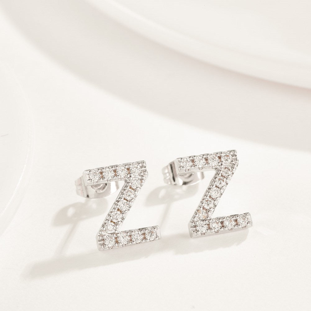 Swarovski Crystals Pave Letter Stud Monogram Initial Earrings in 18K White Gold Plating