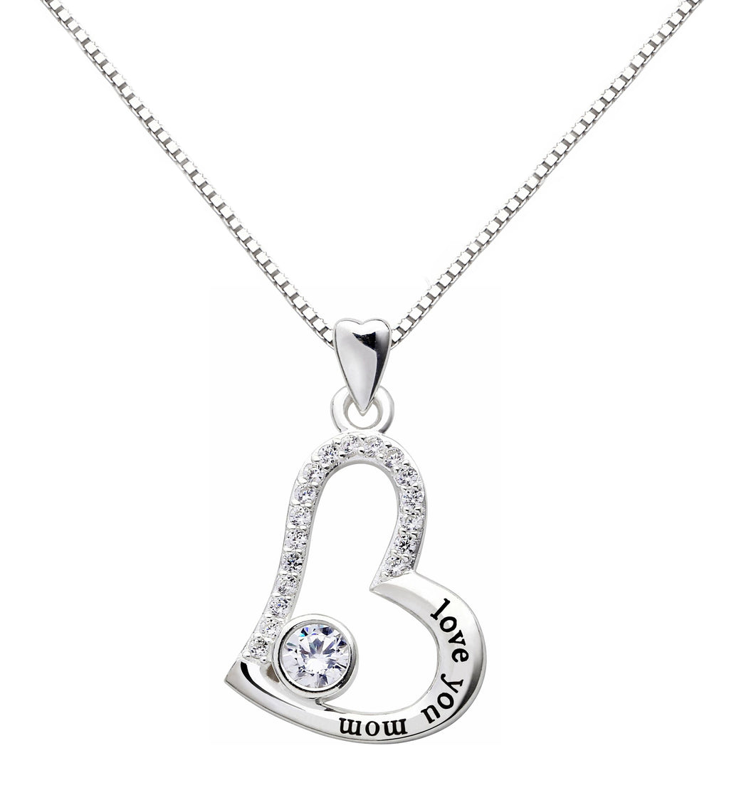 "I Love you MOM" Heart Necklace Embellished with Crystals in 18K White Gold Plated