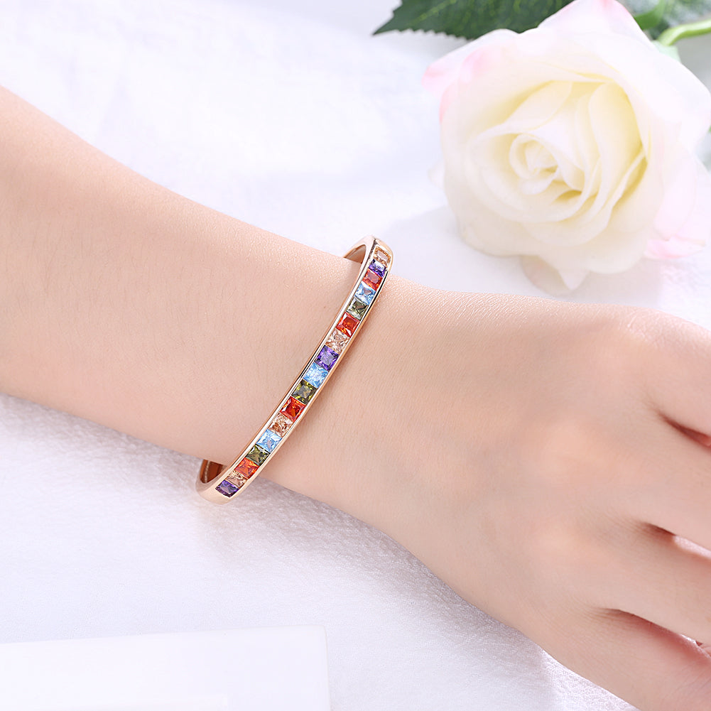 Princess Cut Austrian Elements Bangle in 14K Gold - Rainbow