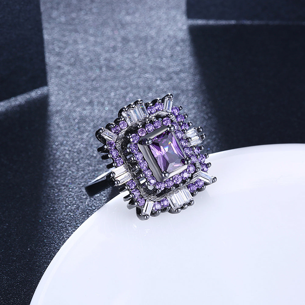Purple & White Swarovski Halo Ring in Black Gun Plating
