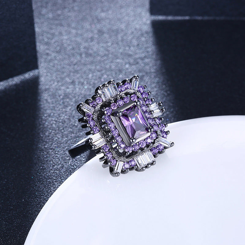 Purple & White Swarovski Halo Ring in Black Gun Plating