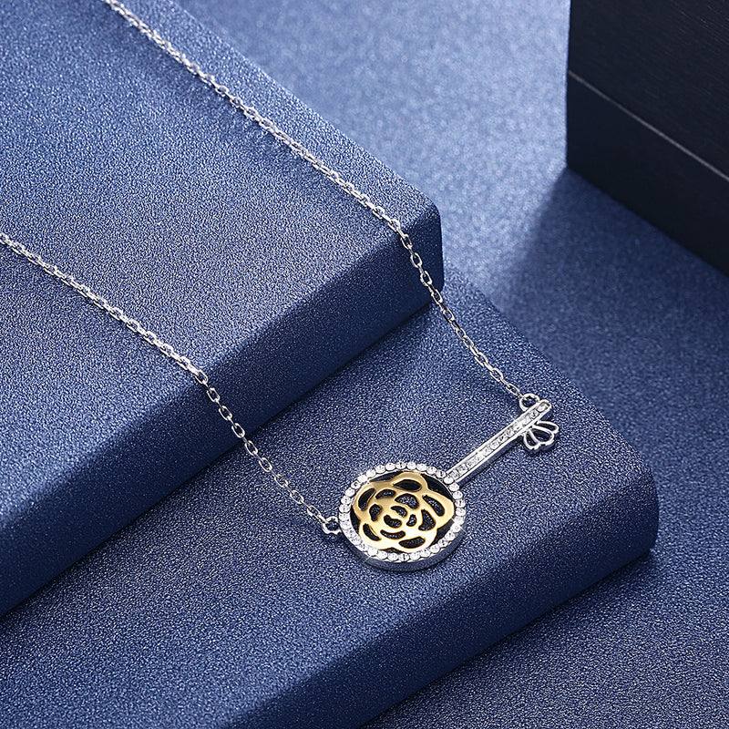 Key to my Heart Laser Cut Flower Sterling Silver Pave Swarovski Crystal Necklace