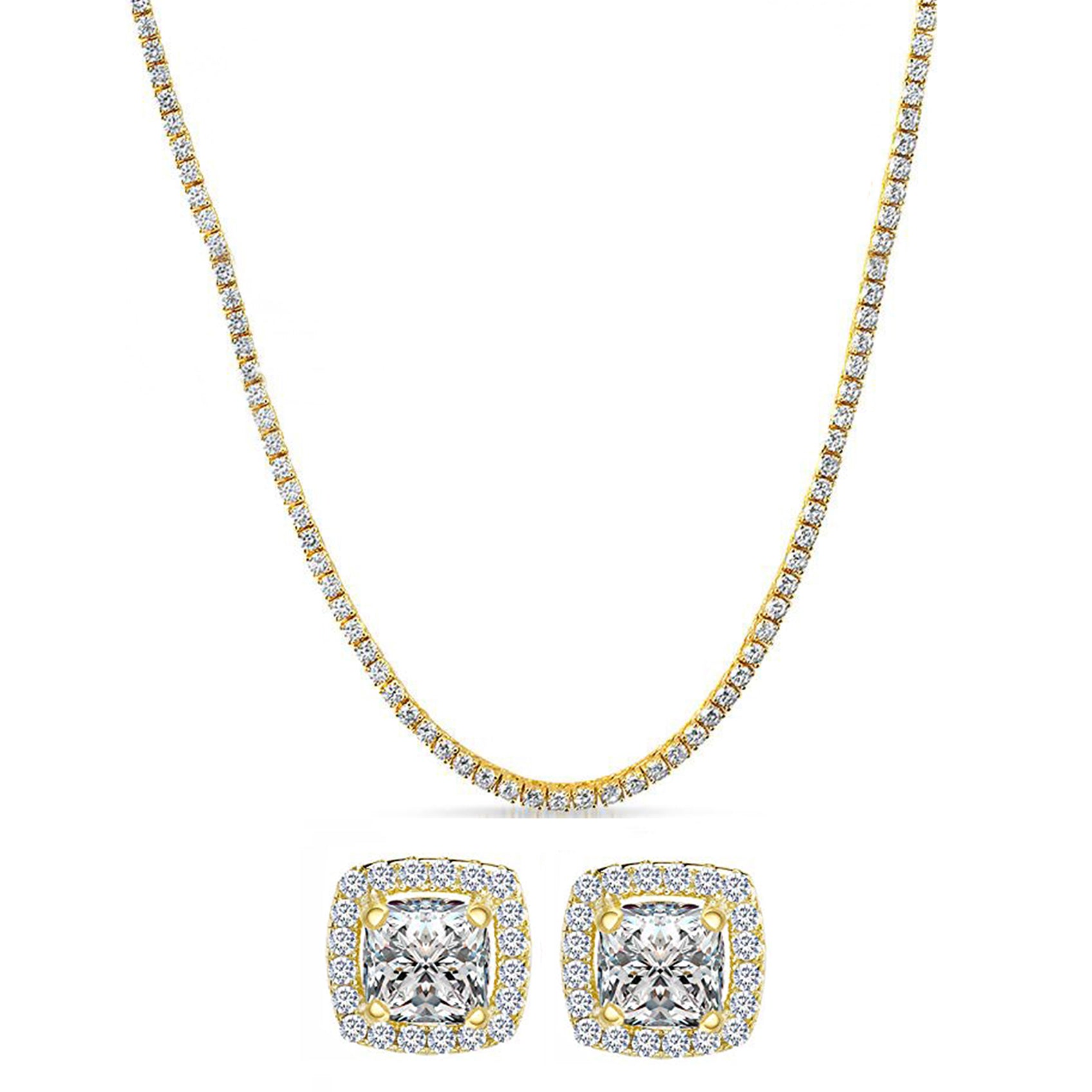 Swarovski Elements Tennis Necklace and Princess Halo Earring Set in Gold Plating - 3 Options Available