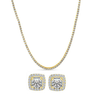 Tennis Necklace and Princess Halo Earring Set with Luxe Gift Box - 18K Gold