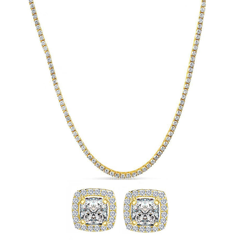 Tennis Necklace and Princess Halo Earring Set with Luxe Gift Box - 18K Gold