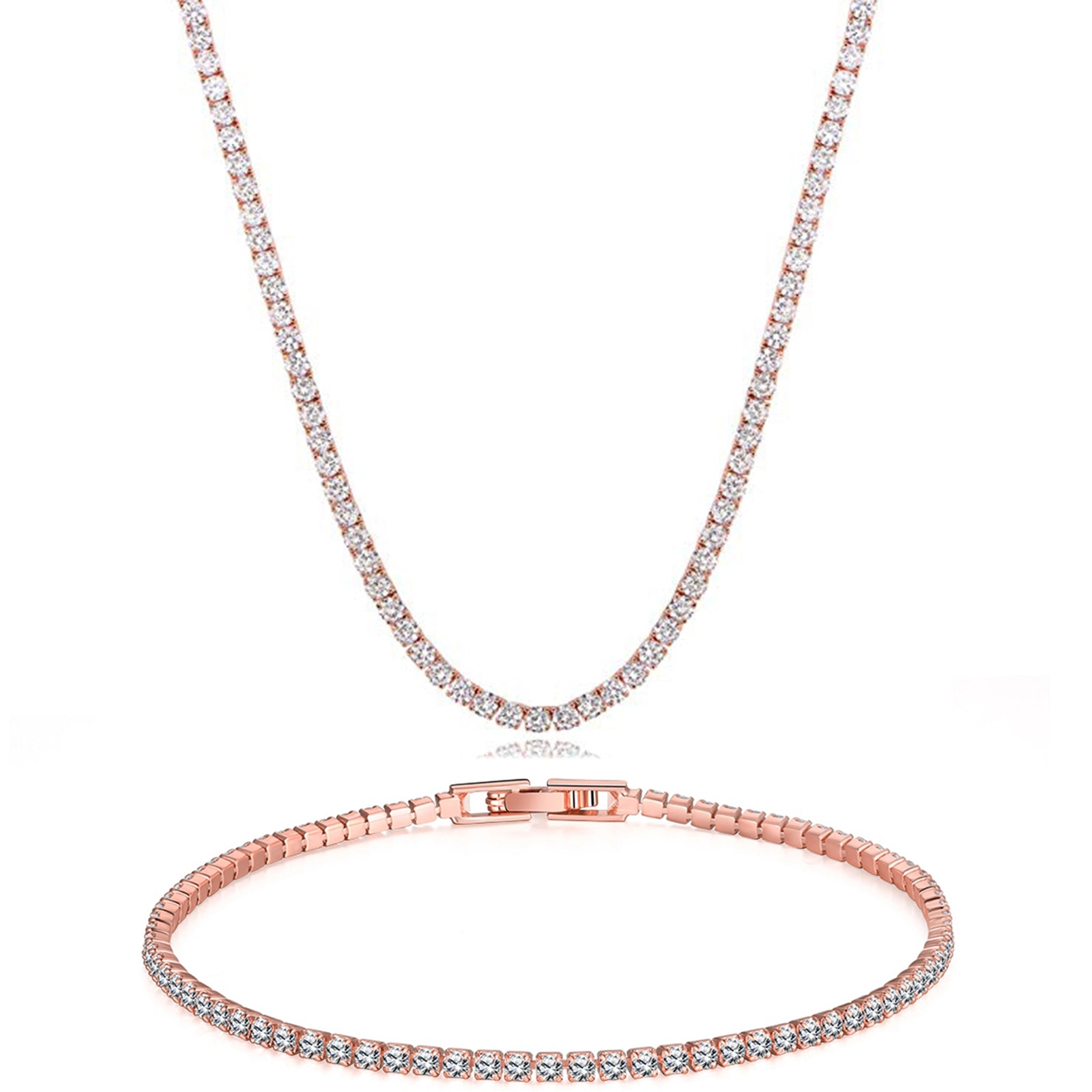 Tennis Necklace and Bracelet Set made With Swarovski Crystals with Luxe Box - 18K Rose