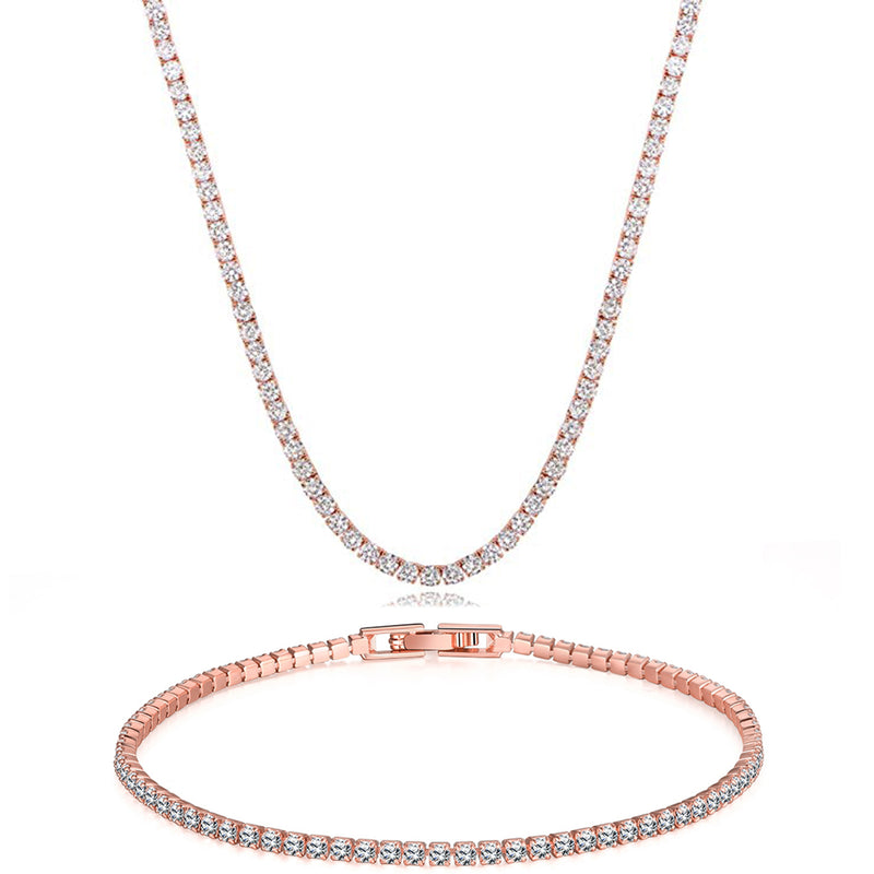 Tennis Necklace and Bracelet Set made With Austrian Crystals with Luxe Box - 18K Rose