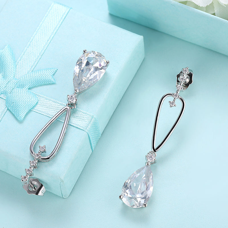 Pear Shaped Austrian Crystal Dangling Earrings Set in 18K White Gold - Golden NYC Jewelry