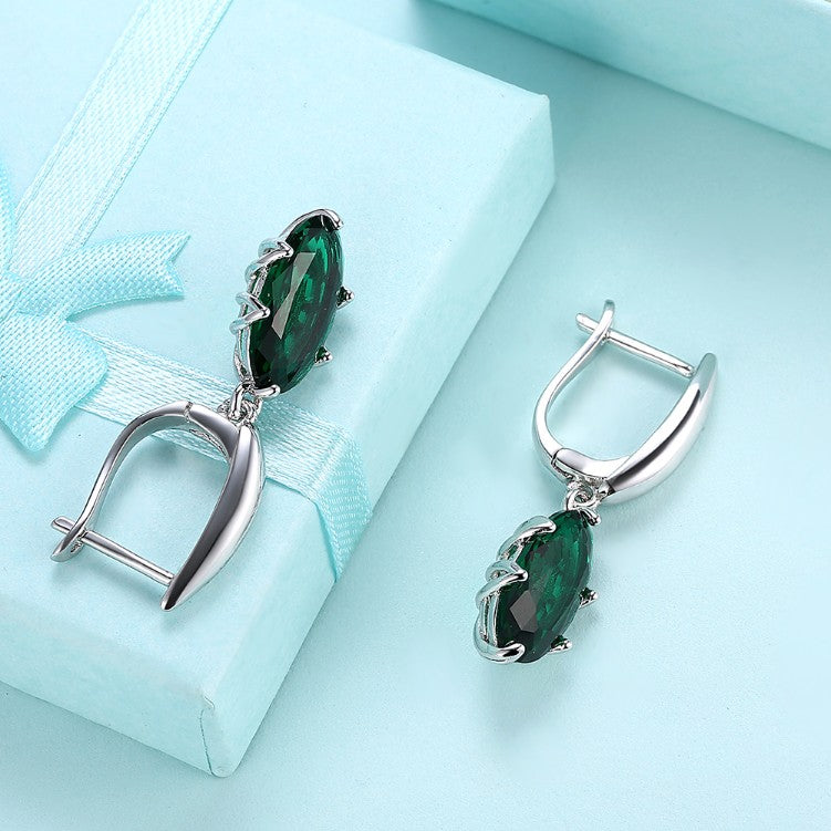 Emerald Oval Cut Earrings Set in 18K White Gold - Golden NYC Jewelry