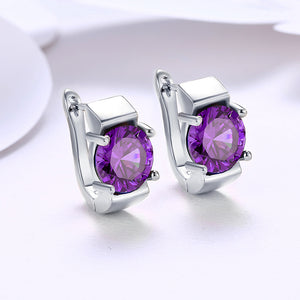Simulated Amethyst Metallic Leverback Earrings Set in 18K White Gold - Golden NYC Jewelry