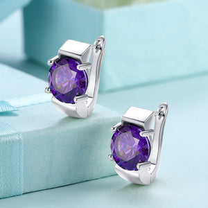 Simulated Amethyst Metallic Leverback Earrings Set in 18K White Gold - Golden NYC Jewelry