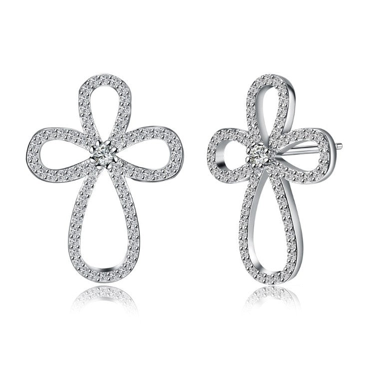 Austrian Crystal Curved Cross Earrings Set in 18K White Gold - Golden NYC Jewelry