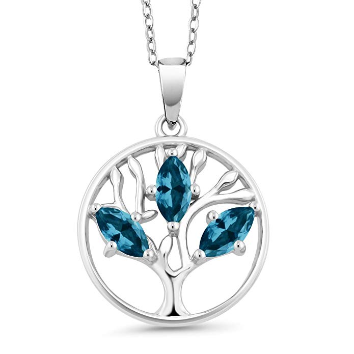 Motherly Blue Topaz Tree Of Life Necklace in 18K White Gold Plated