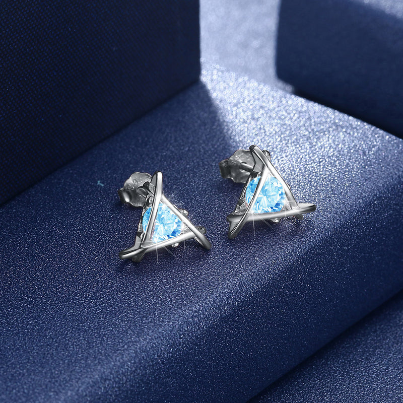 Sterling Silver Blue Austrian Pyramid Stud Earrings