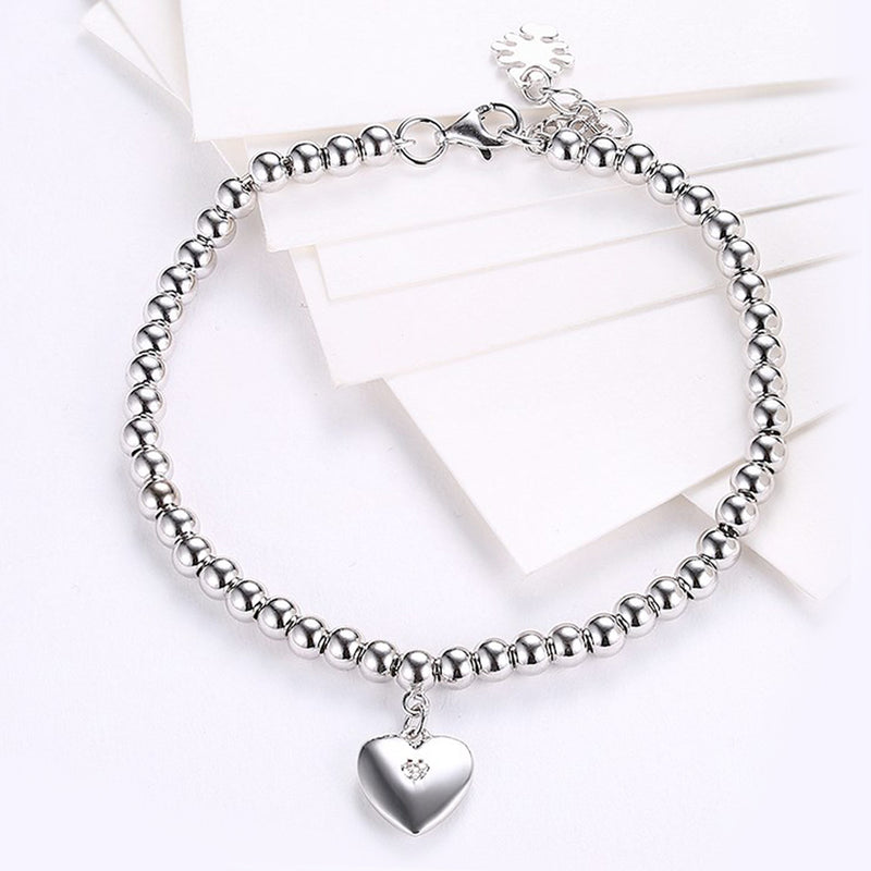 Simple Heart Beaded Sterling Silver Bracelet