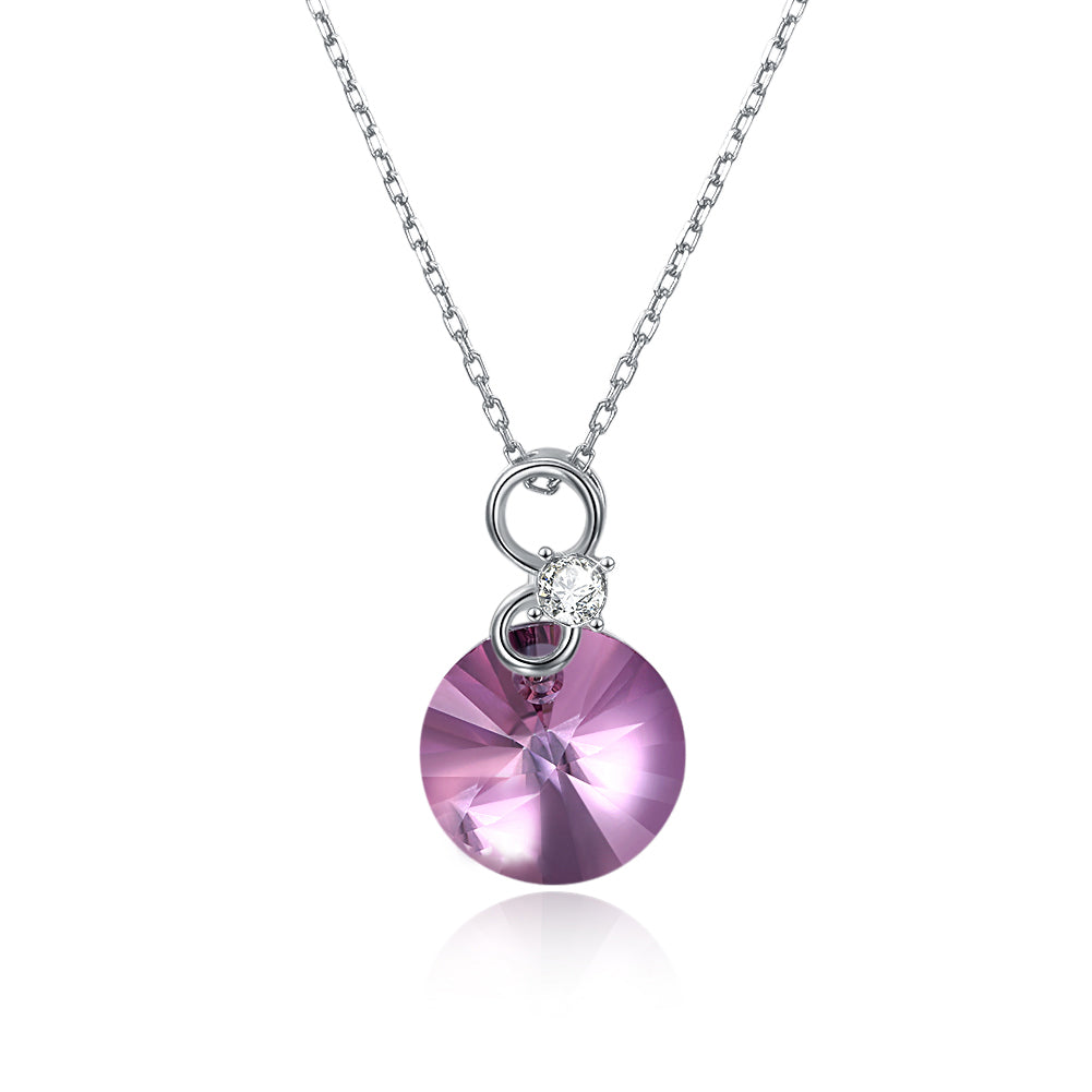 Pink Topaz Disc Sterling Silver Austrian Crystal Necklace