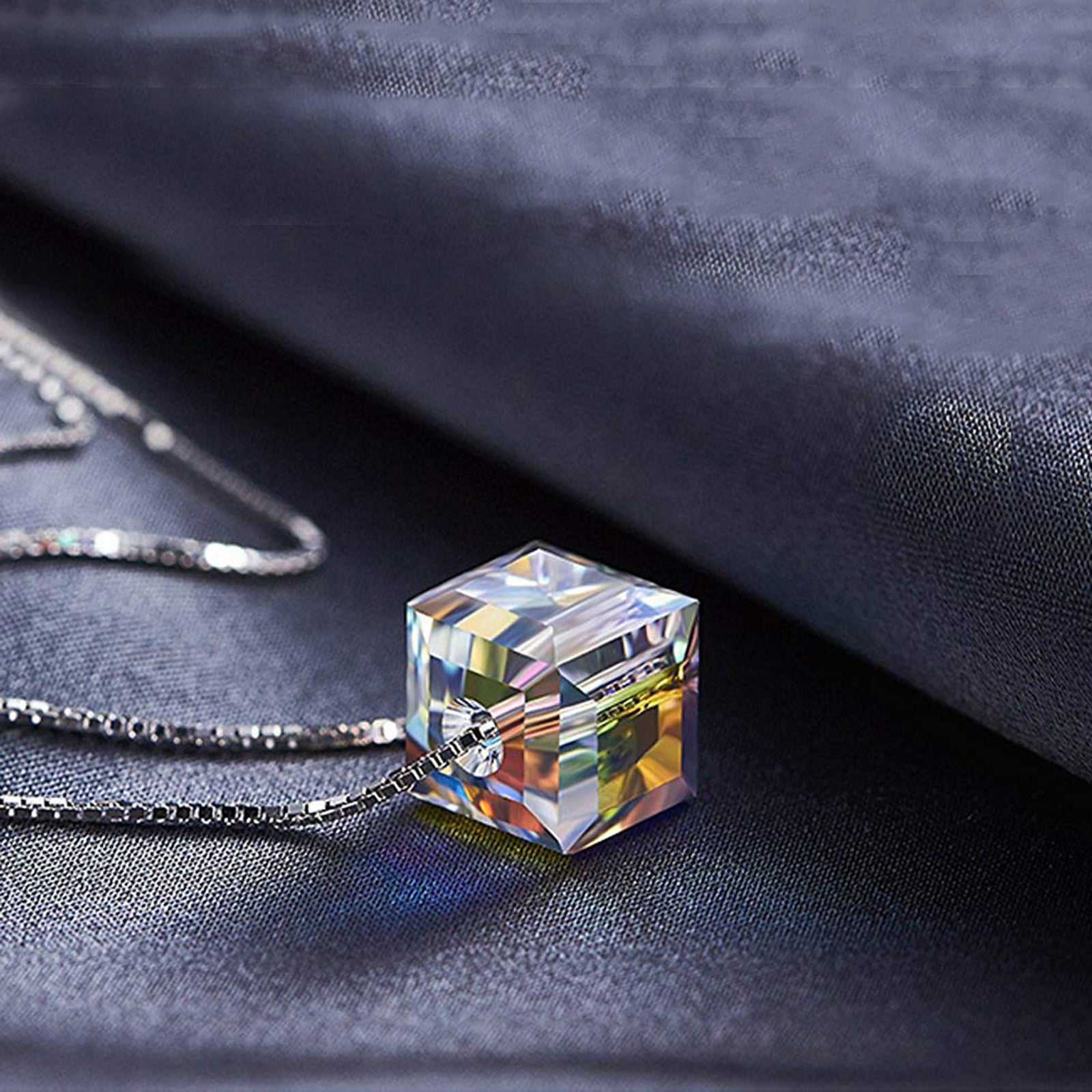 Sterling Silver Aurora Borealis Cubed Life Necklace with Swarovski Crystals
