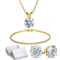 18K Gold Plating Solitaire Necklace and 4 Prong Earring made With Swarovski Crystals with Gift Box - 3 Options Available