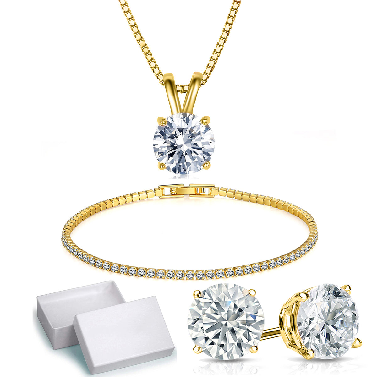 18K Gold Plating Solitaire Necklace and 4 Prong Earring made With Swarovski Crystals with Gift Box - 3 Options Available