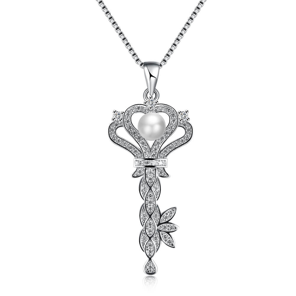 Swarovski Crystal 18K White Gold Decadence Pave Key Pendant Pearl Necklace - Golden NYC Jewelry www.goldennycjewelry.com fashion jewelry for women