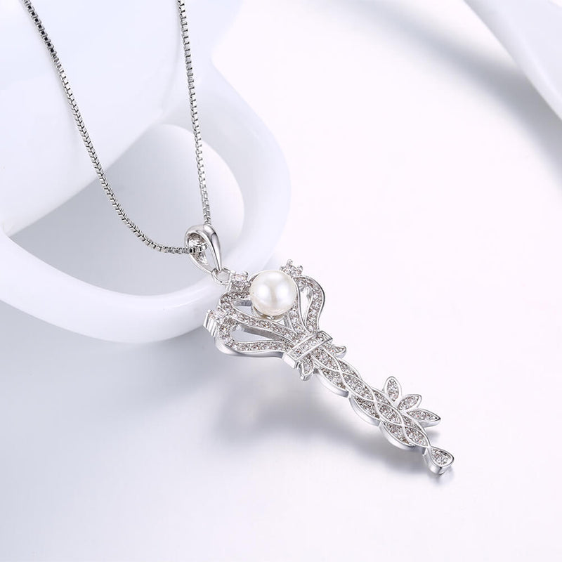 Swarovski Crystal 18K White Gold Decadence Pave Key Pendant Pearl Necklace - Golden NYC Jewelry www.goldennycjewelry.com fashion jewelry for women
