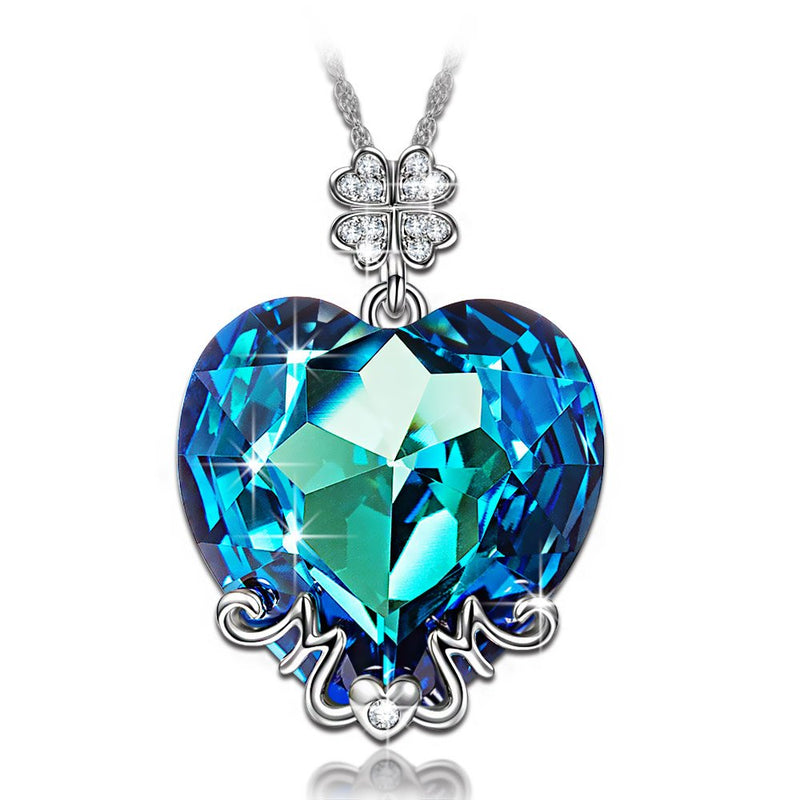 Austrian Crystals Bermuda Blue MOM Pave Lucky Clover  Necklace