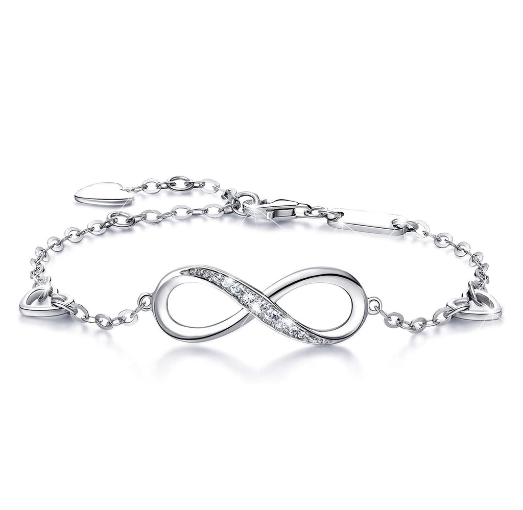 White Austrian Elements Infinite Pendant Chain Bracelet in 14K White Gold Plating