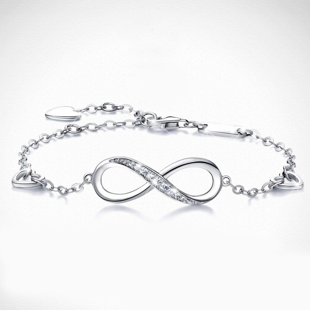 White Austrian Elements Infinite Pendant Chain Bracelet in 14K White Gold Plating