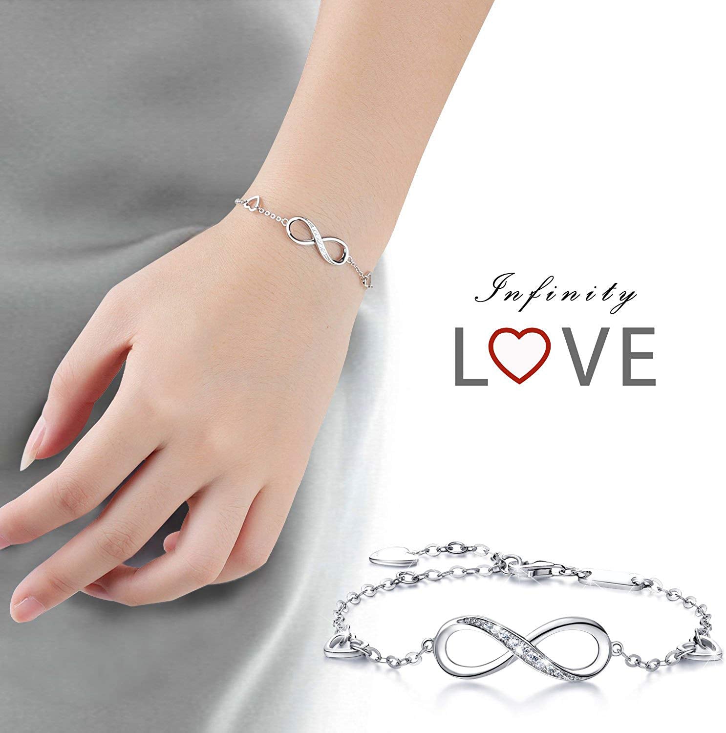 White Austrian Elements Infinite Pendant Chain Bracelet in 14K White Gold Plating