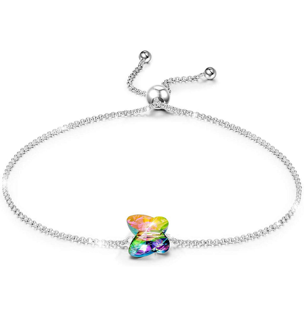 Rainbow Aurora Borealis Butterfly Pendant Bracelet in 14K White Gold