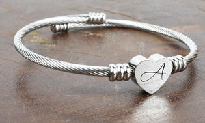 SOLID STAINLESS STEEL Heart Cable Initial Bracelet - Letters A-Z