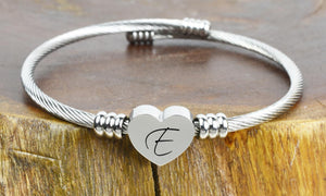 SOLID STAINLESS-STEEL HEART INITIAL CABLE BANGLE - ALL LETTERS