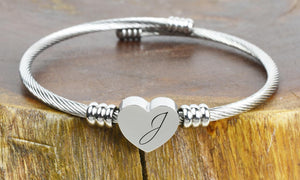 SOLID STAINLESS STEEL Heart Cable Initial Bracelet - Letters A-Z