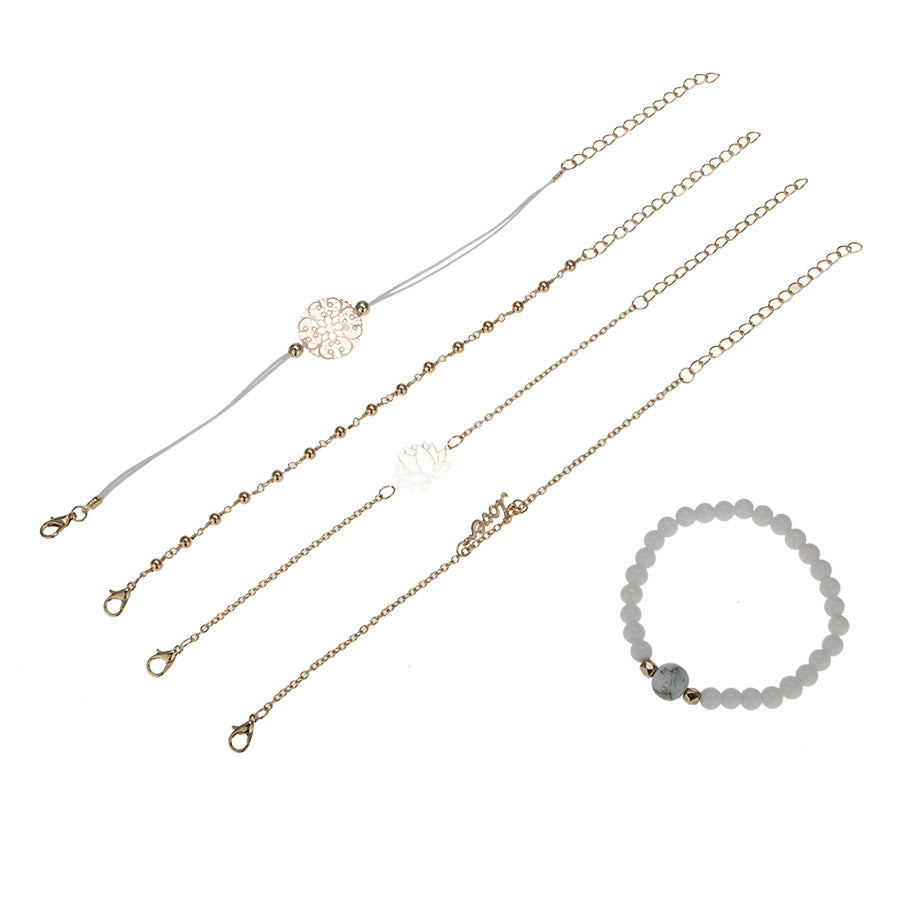 Arcoris White Marble Filigree Pendant & Love 5 Piece Bracelet Set