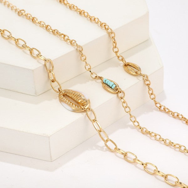 Turquoise Sea-Shell 3 Piece Bracelet Set in 14K Gold