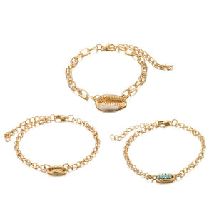 Turquoise Sea-Shell 3 Piece Bracelet Set in 14K Gold