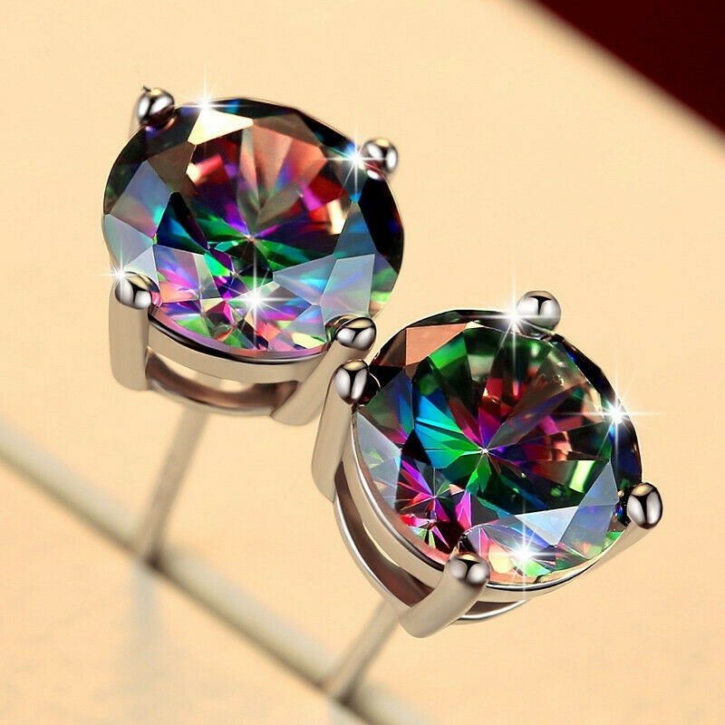 Mystic Topaz Embellished with Swarovski Crystals 7mm Stud Earringin 18K White Gold Plated