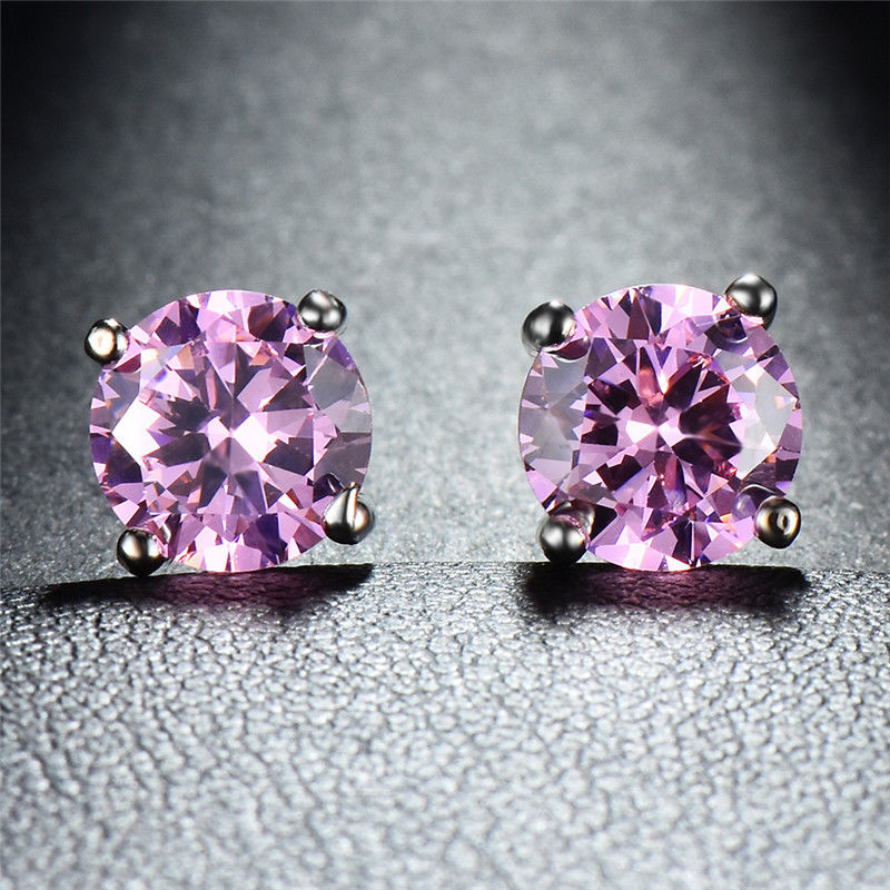 Pink Topaz Onyx Embellished with Swarovski Crystals 7mm Stud Earringin 18K White Gold Plated