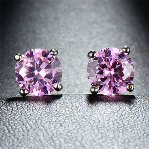 Pink Topaz Onyx Embellished with Austrian Crystals 7mm Stud Earringin 18K White Gold Plated