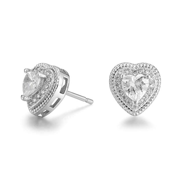 Pave Halo Heart Stud Earring Embellished with Swarovski Crystals in 18K White Gold Plated