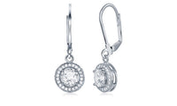 Pave Halo Disc Drop Earring Embellished with Swarovski Crystals in 18K White Gold Plated