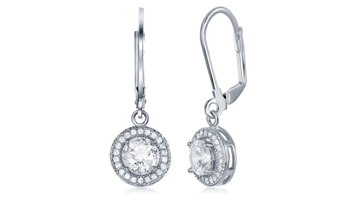 Pave Halo Disc Drop Earring Embellished with Swarovski Crystals in 18K White Gold Plated