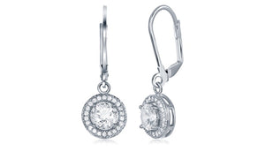Pave Halo Disc Drop Earring Embellished with Austrian Crystals in 18K White Gold Plated