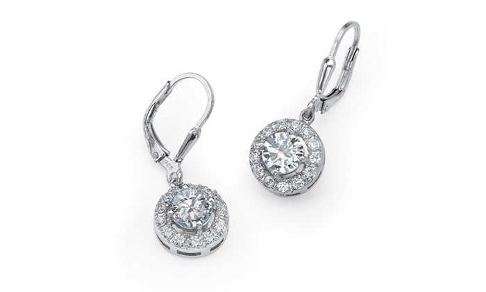 Pave Halo Disc Drop Earring Embellished with Austrian Crystals in 18K White Gold Plated