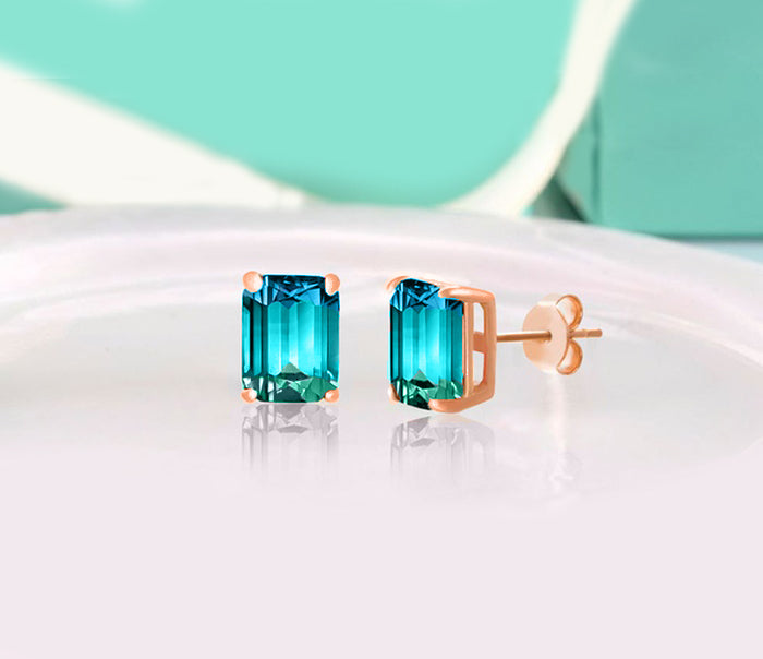 5.00 Ctw Emerald Cut White and Blue Topaz Stud Earringsin 18K Rose Gold Plated, Earring, Golden NYC Jewelry, Golden NYC Jewelry jewelryjewelry deals, swarovski crystal jewelry, groupon jewelry,, jewelry for mom,