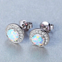 Sleek Simple Minamilisitc Opal Button Studs in 14K White Gold Plating